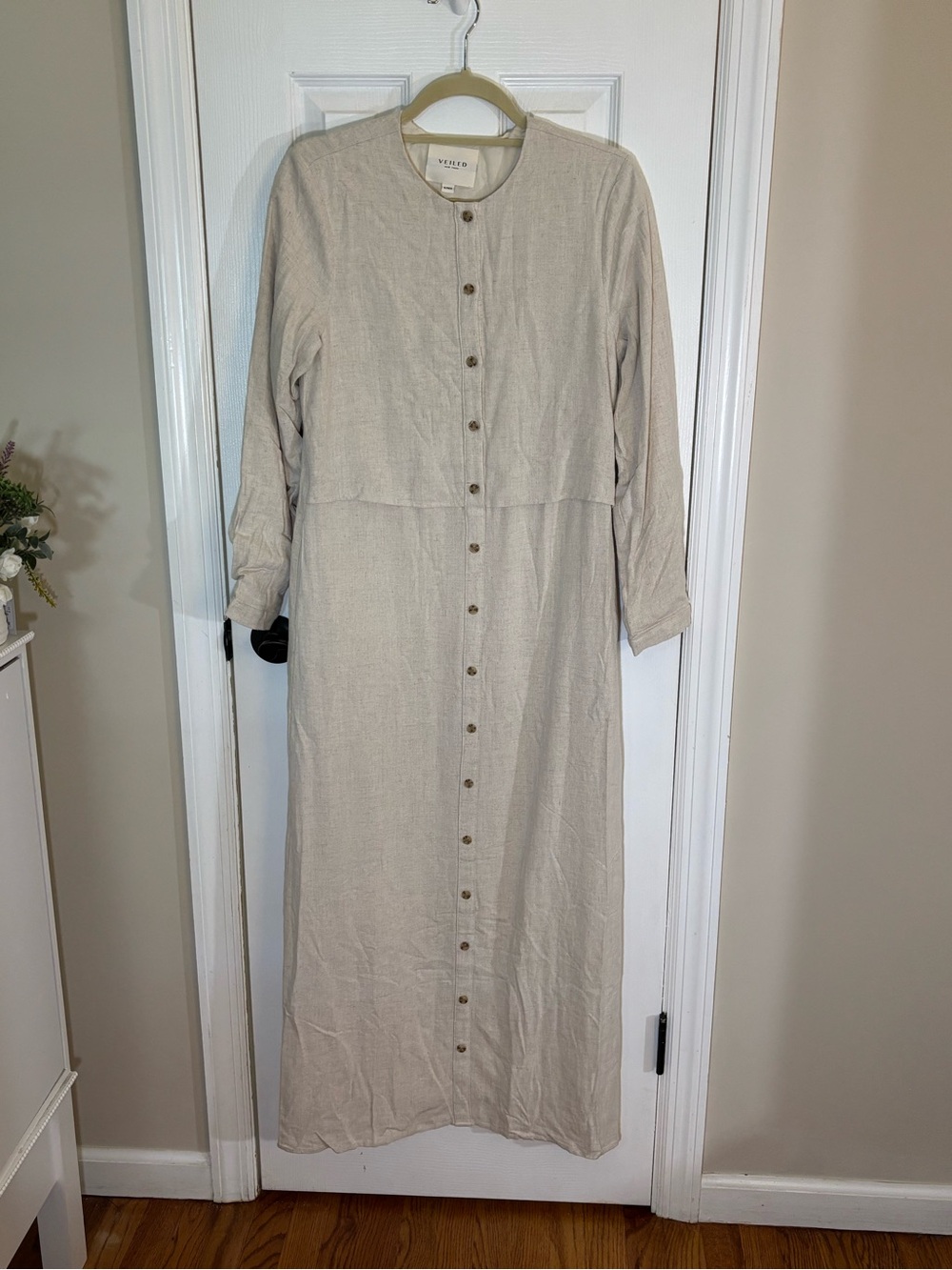 Veiled Long Button-Front Maxi Dress in Natural Beige